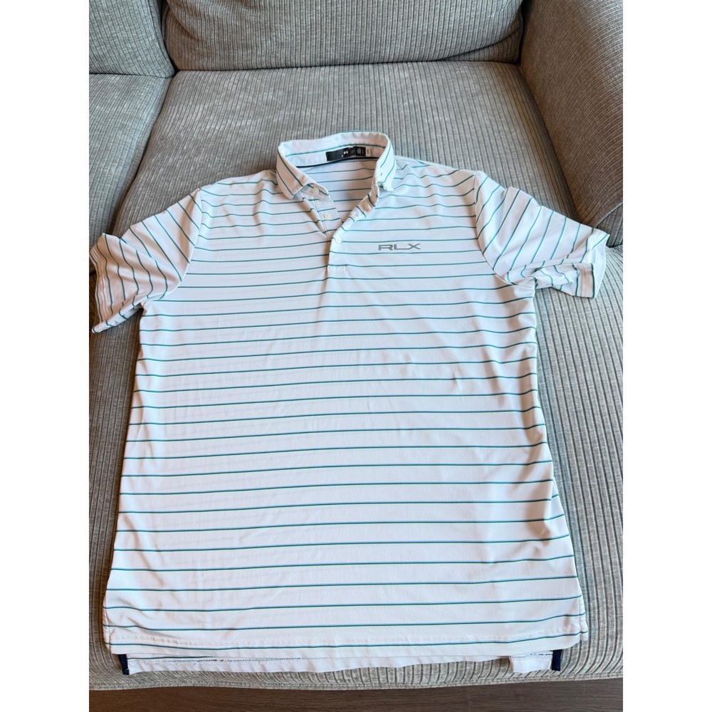 RLX Ralph Lauren Mens Large Golf Polo Shirt White Blue Green Striped Performance